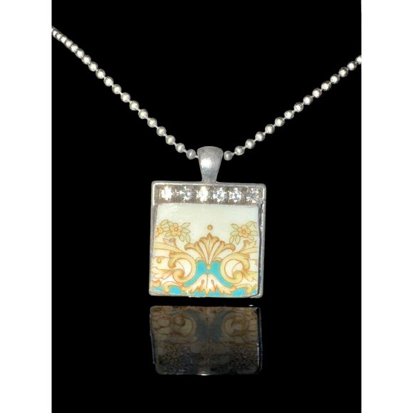 Upcycled  Noritake Carmela Pendant Necklace With Rhinestones & Silver Tone Chain - Picture 2 of 5